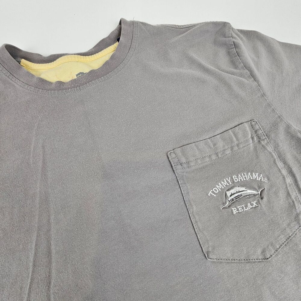 Tommy Bahama Relax Mens Large Gray Pocket T Shirt Marlin Logo 100% Cotton